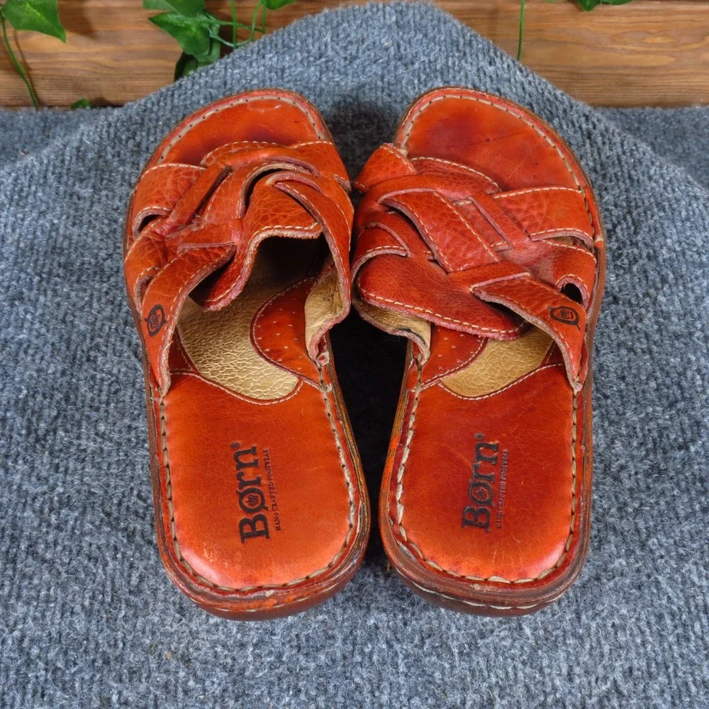 Born W2077 Women Wedge Slide Sandals Size 7 Handcrafted Comfort Orange Leather